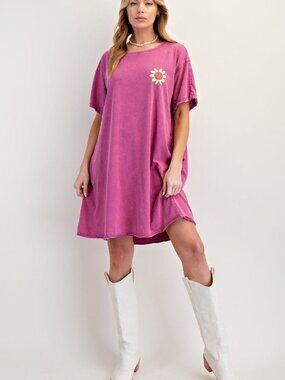 EASEL SILK SCREEN FLORAL PRINT WASHED TUNIC DRESS 100% COTTON